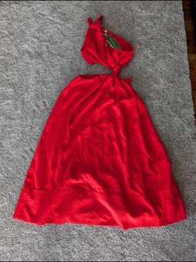 NWT FARM Rio Red One-Shoulder Cutout Knot Midi Dress XS